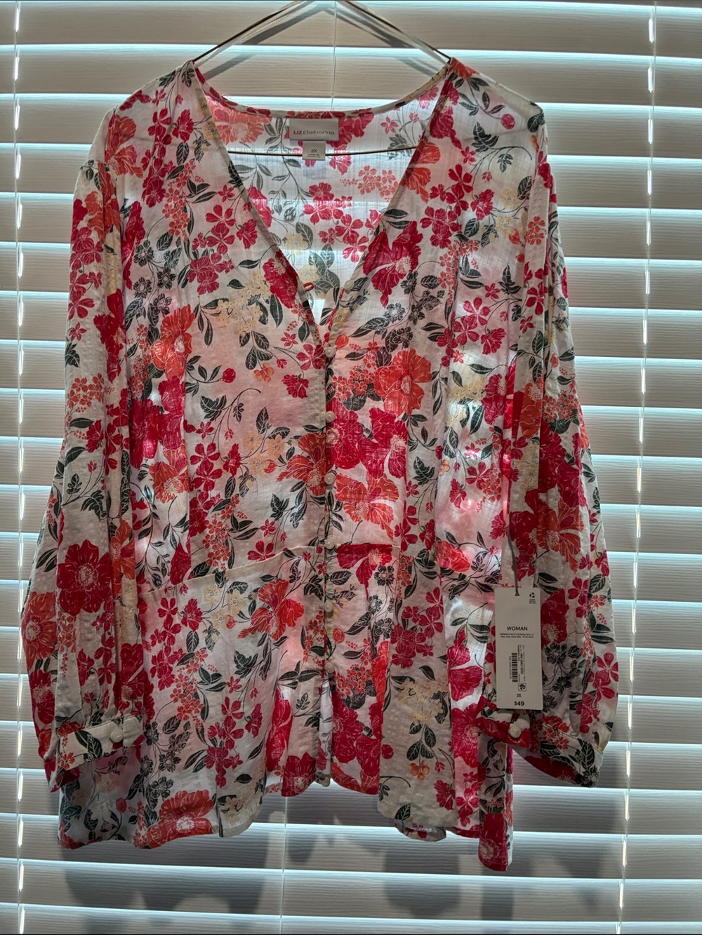 Liz Claiborne White Floral V-Neck Blouse with Red, Pink & Green Accents